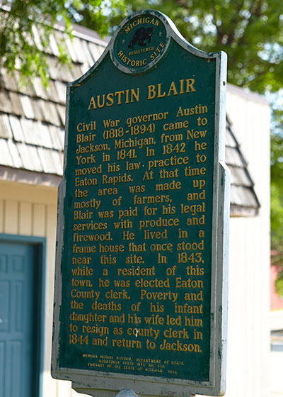 Back of Austin Blair Michigan Historic Marker erected in Eaton Rapids. Photo ©2014 Look Around You Ventures LLC.